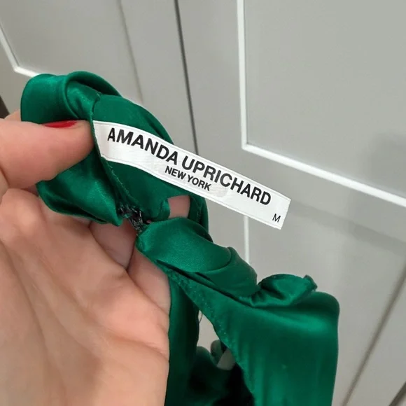 Amanda Uprichard Sandrine Mini Dress in Dark Emerald Green 100% Silk Tie Waist - Picture 14 of 15